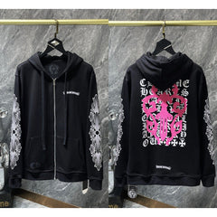 Chrome Hearts Pink Complex Scroll & Cross Zip-Up Hoodie (Black)