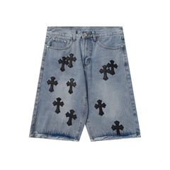 Chrome Hearts Classic Blue & Black Cross Patch Denim Shorts