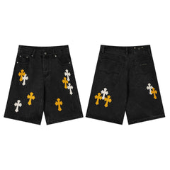 Chrome Hearts Black & Orange-White Cross Patch Denim Shorts