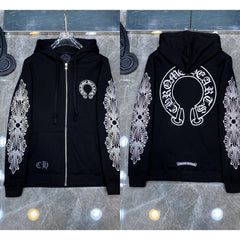 Chrome Hearts Horseshoe & Floral Cross Zip-Up Hoodie (Black)