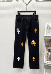 Chrome Hearts Black & Orange-White Cross Patch Denim Jeans