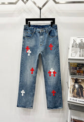 Chrome Hearts Classic Blue & Red-White Cross Patch Denim Jeans