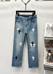 Chrome Hearts Classic Blue Black & White Cross Patch Denim Jeans