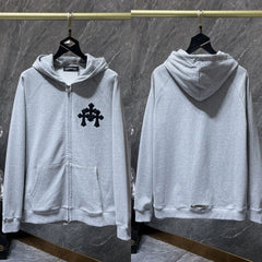 Chrome Hearts Black Floral Cross Zip-Up Hoodie (Light Grey)