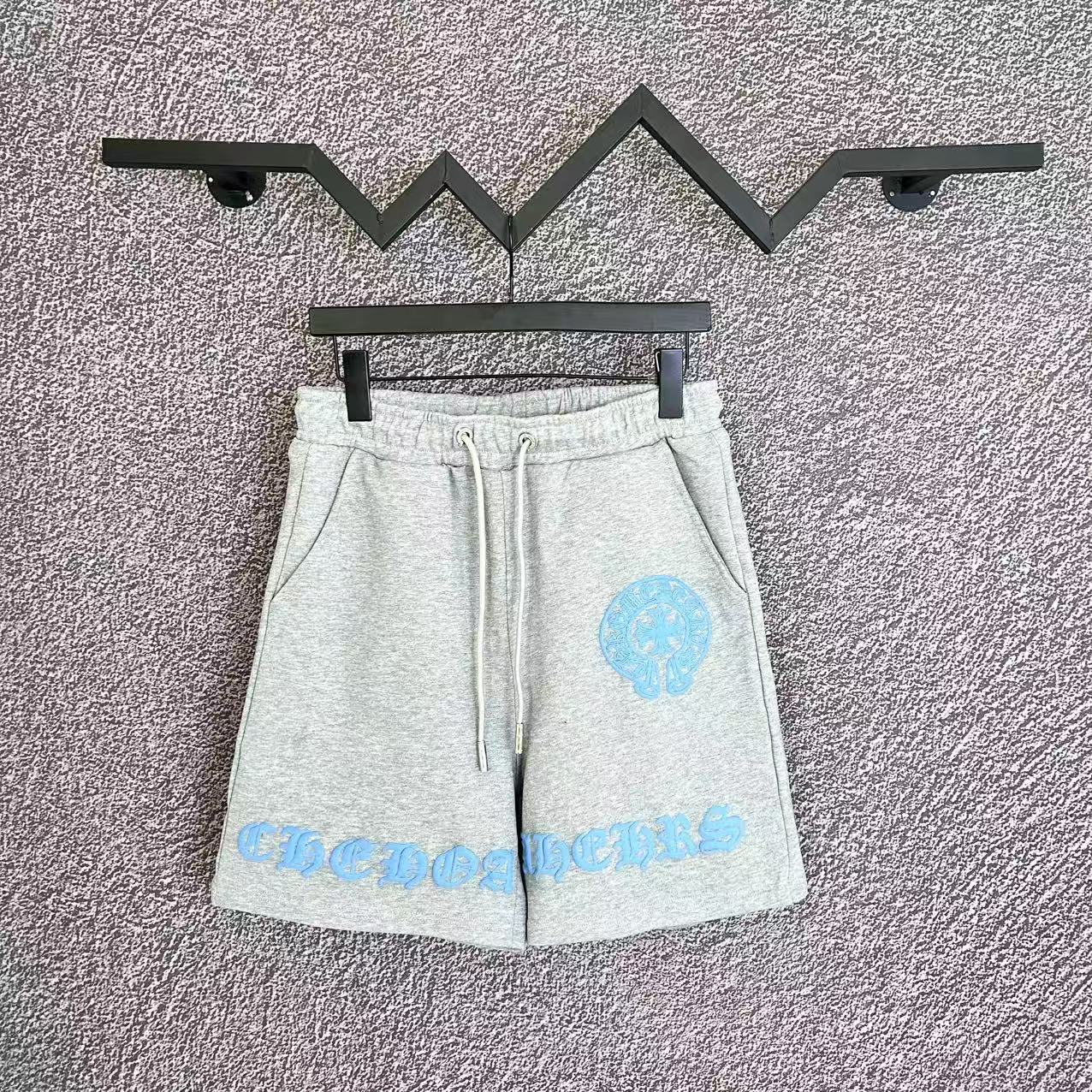 Chrome Hearts Light Gray & Light Blue Horseshoe Script Sweatshorts