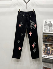 Chrome Hearts Pink & Black Cross Applique Jeans