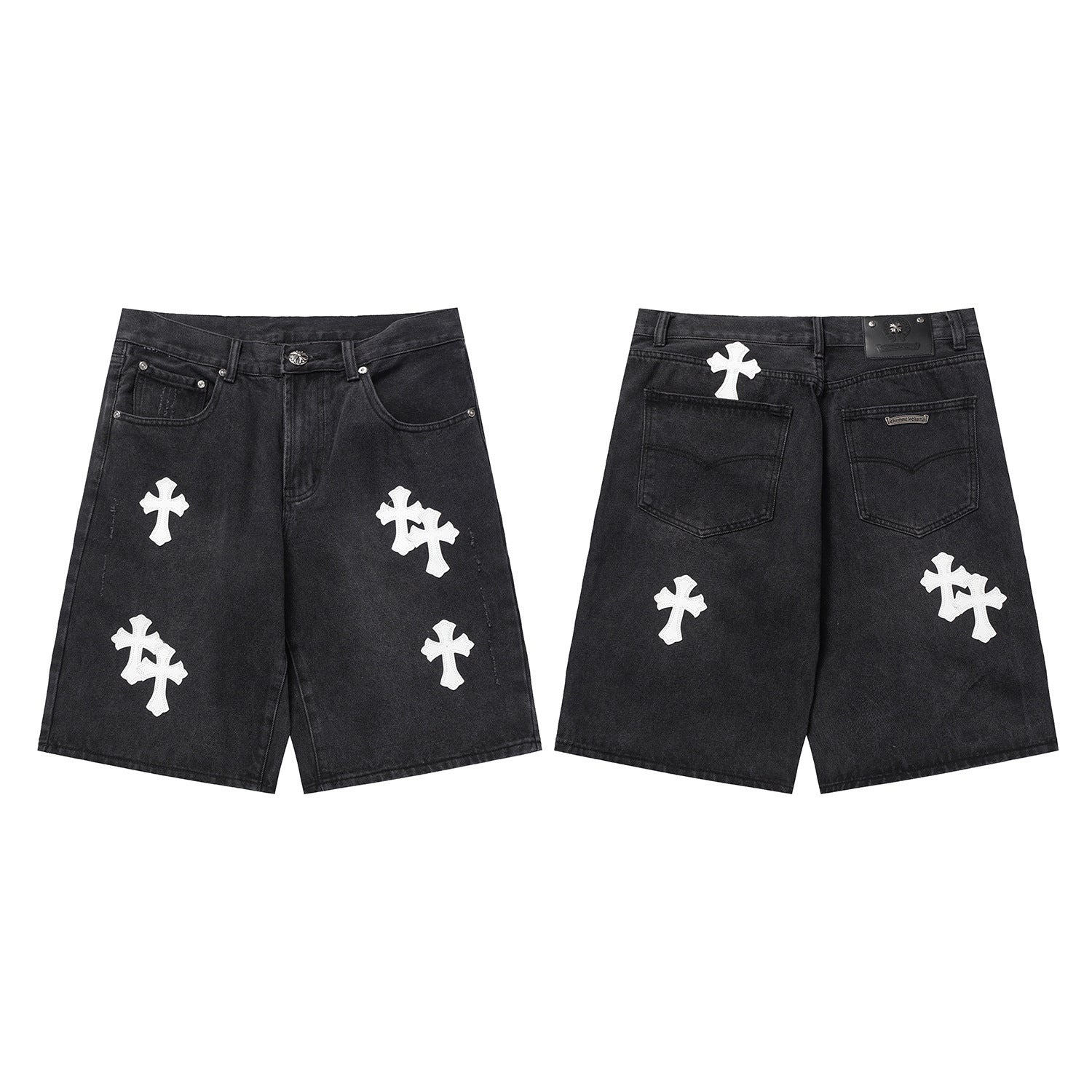 Chrome Hearts Black & White Cross Patch Denim Shorts