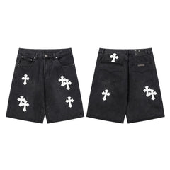 Chrome Hearts Black & White Cross Patch Denim Shorts