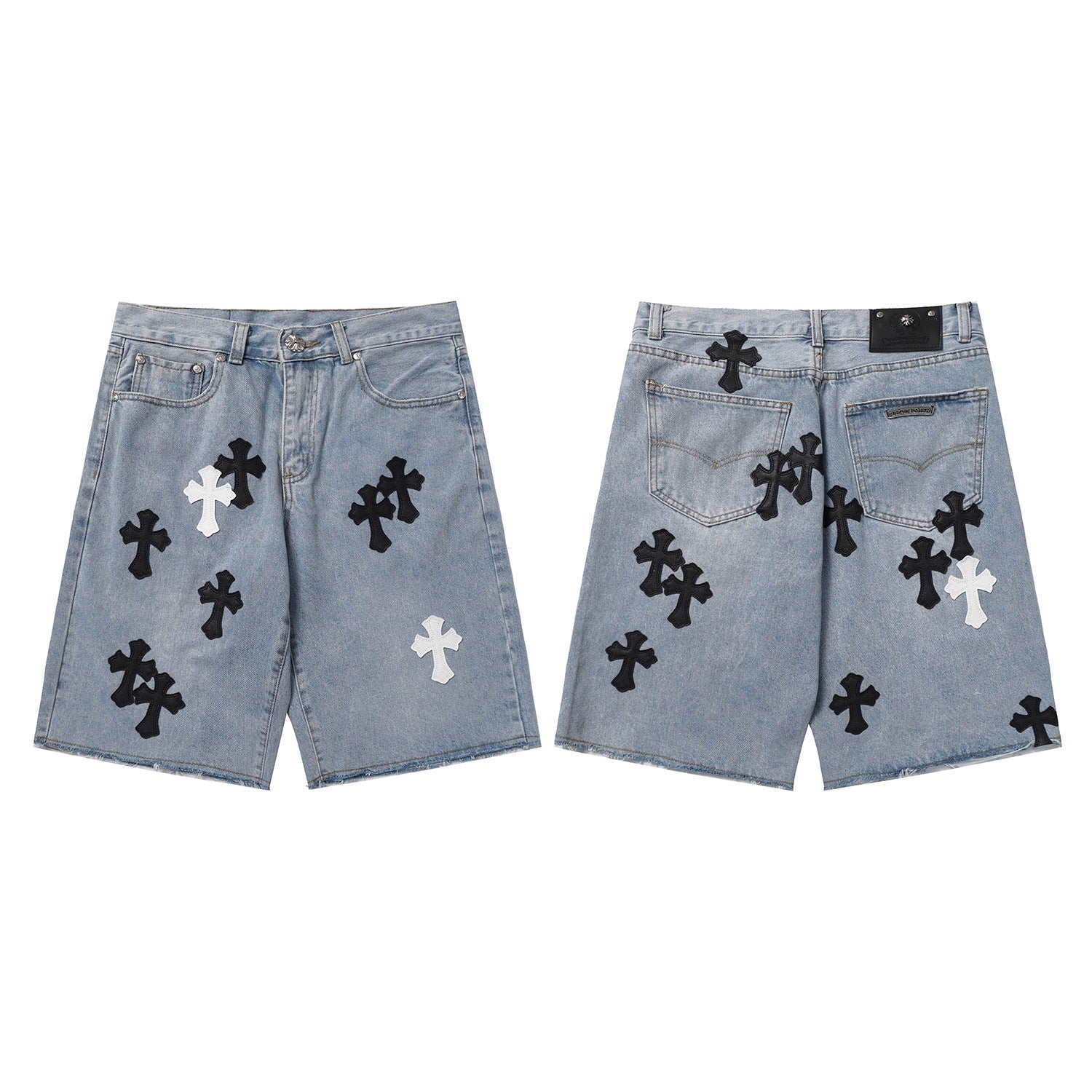 Chrome Hearts Classic Blue & Black-White Cross Patch Denim Shorts