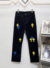 Chrome Hearts Blue and Yellow Cross Applique Jeans
