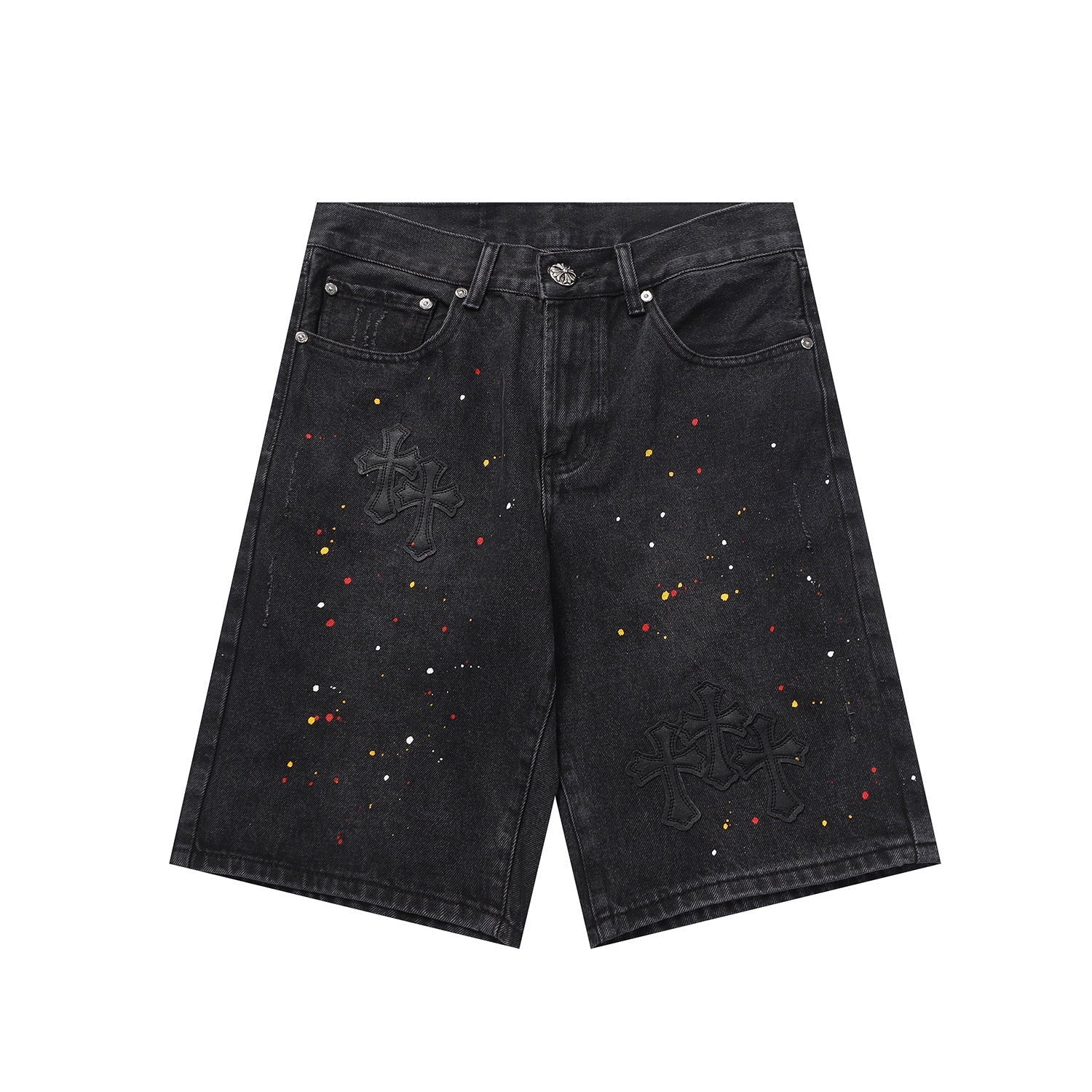 Chrome Hearts Black Heavy Wash & Paint Splatter Denim Shorts