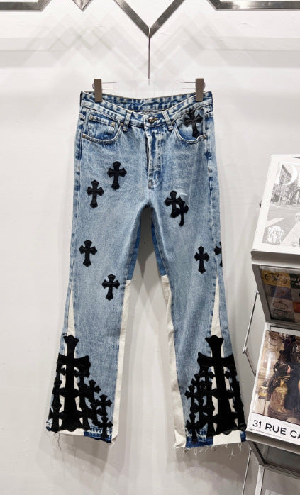 Chrome Hearts Light Blue & White-Paneled Black Cross Patch Denim Jeans