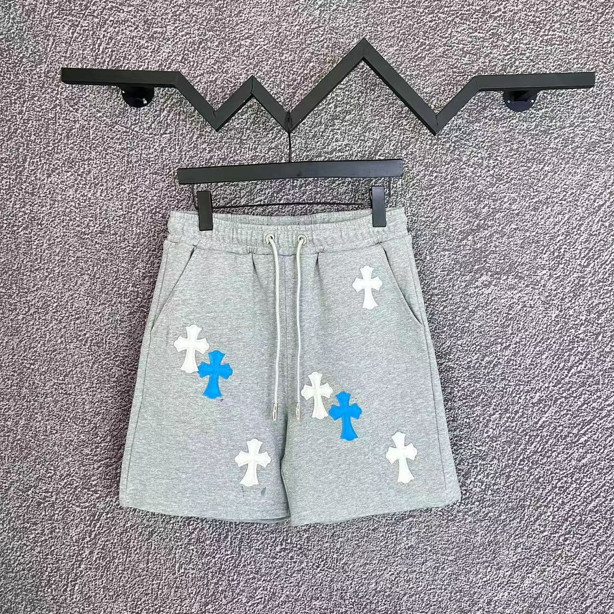 Chrome Hearts Light Gray & White-Blue Cross Patch Sweatshorts