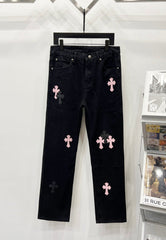 Chrome Hearts Black & Pink-Black Cross Patch Denim Jeans