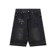 Chrome Hearts Black Heavy Wash & Tonal Cross Patch Denim Shorts