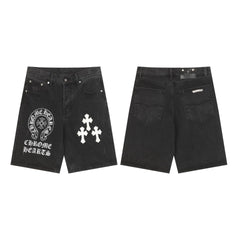 Chrome Hearts Black Horseshoe Print & White Cross Patch Denim Shorts