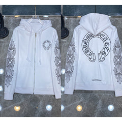 Chrome Hearts Horseshoe & Floral Cross Zip-Up Hoodie (White)