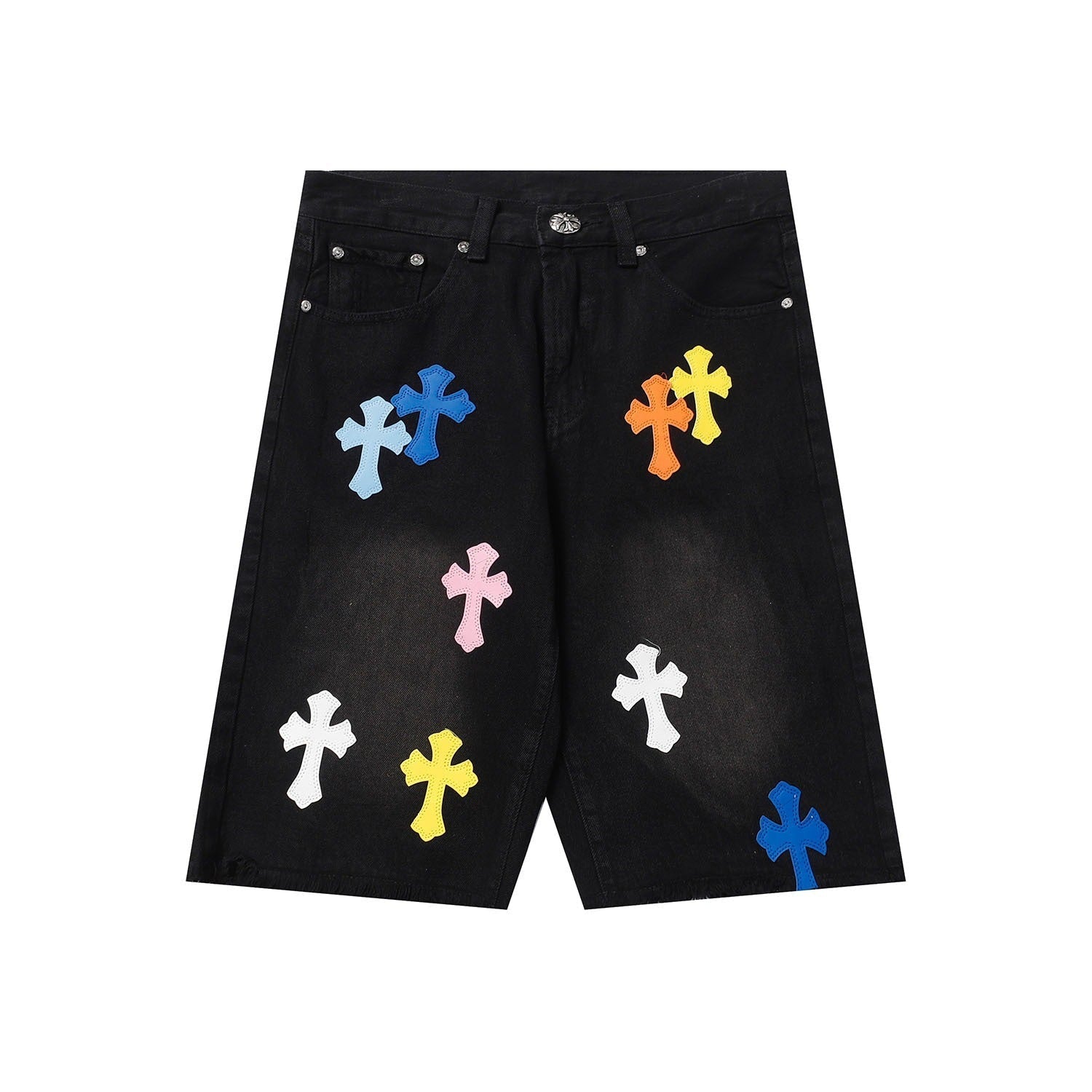 Chrome Hearts Black & Multi-Color Cross Patch Denim Shorts