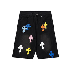 Chrome Hearts Black & Multi-Color Cross Patch Denim Shorts
