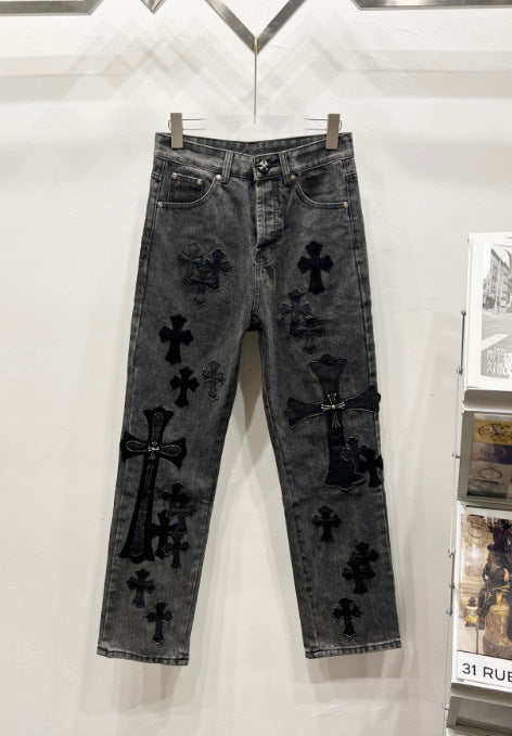 Chrome Hearts Gray-Black & Large Asymmetric Black Cross Patch Denim Jeans