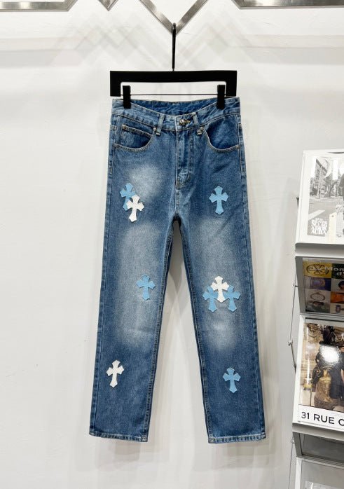 Chrome Hearts Classic Blue & Light Blue-White Cross Patch Denim Jeans