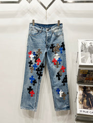 Chrome Hearts Multi-Color & Leopard Cross Patch Denim Jeans